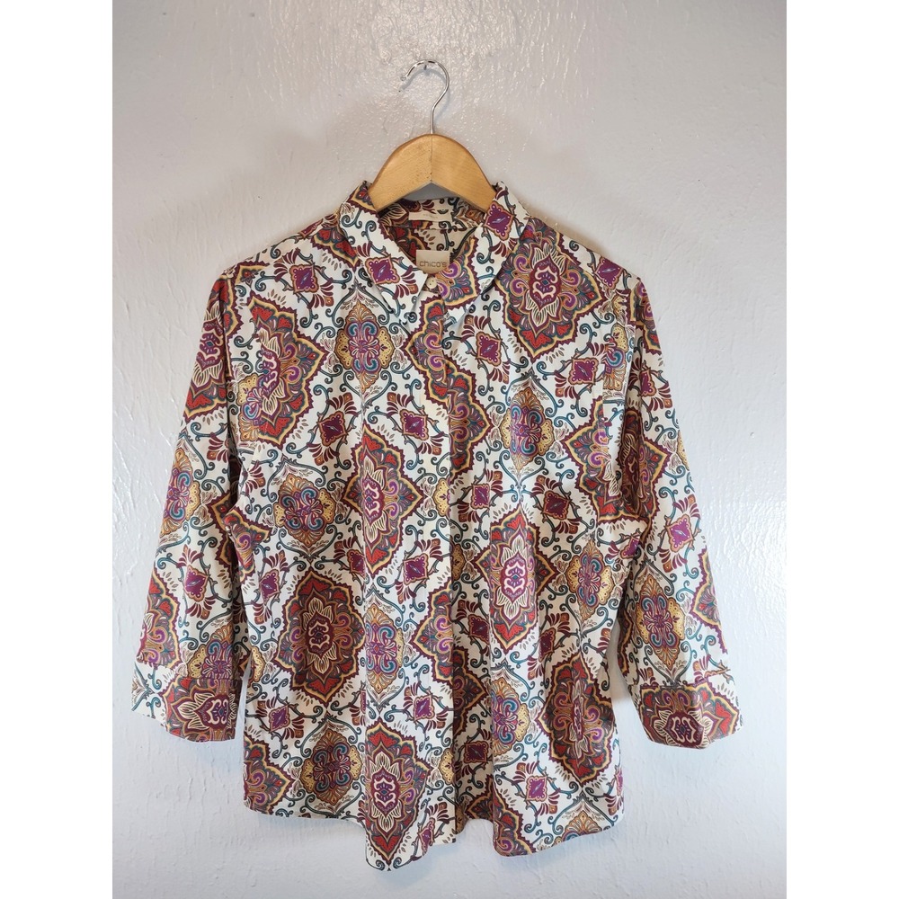 Chico's Size 2 Women's No Iron 3/4 Sleeve Printed Button Up Blouse